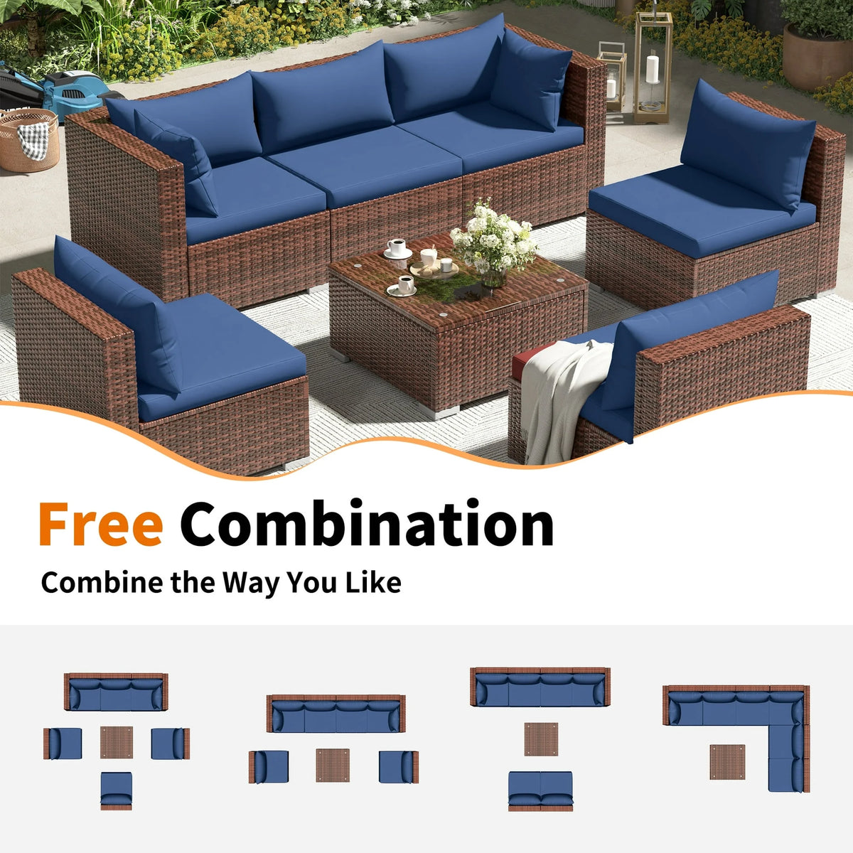 Techmilly Patio Furniture Sets, Modular Rattan Outdoor Patio Sectional Furniture Sofa Set, Wicker Patio Conversation Set for Backyard,7PCS