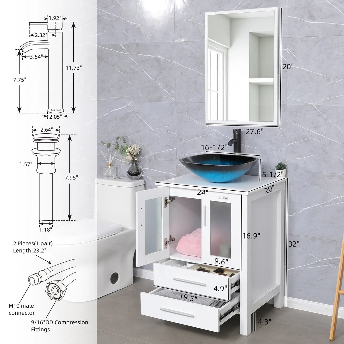 Eclife 24"W x 20"D x 32"H Classical Bathroom Vanity Vessel Sink Set with Faucet, Mirror White Vanity and Ocean Blue Square Glass Sink Pop up Drain Combo