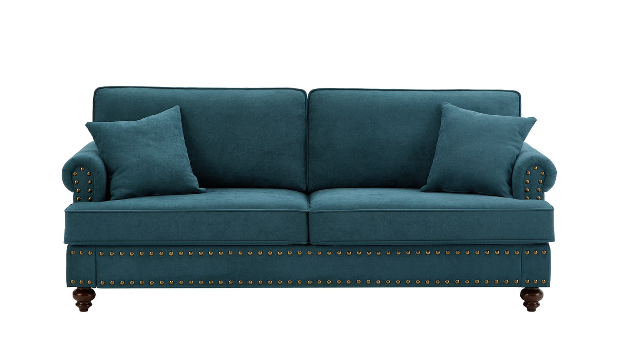 Modern Chenille Upholstered Sofa Couch with Nailhead Trim Rolled Arms Pillows