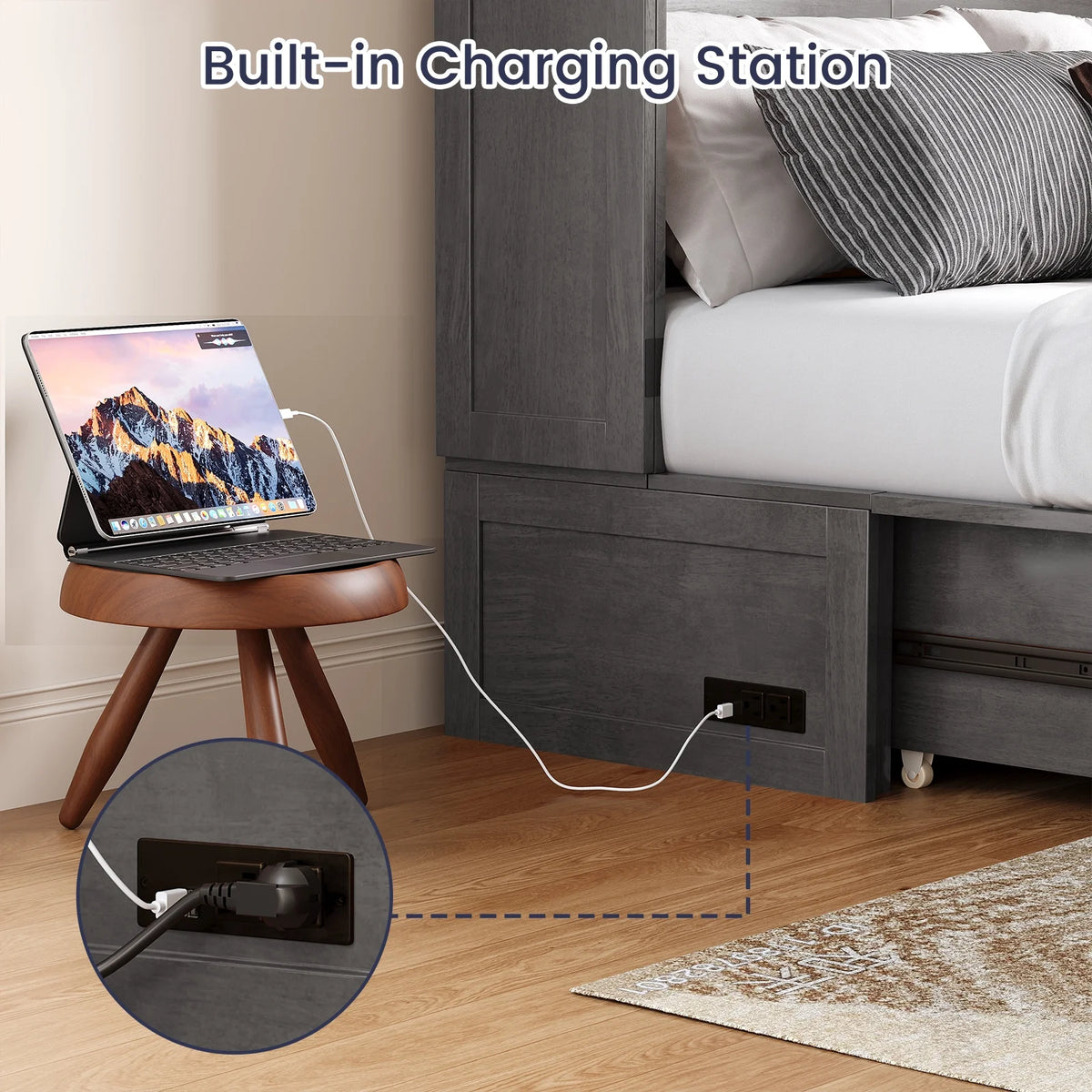 ZAFLY Murphy Bed with Trifold Foam Mattress, Cabinet Bed has USB Charging Station, Convertible Bed with Storage Platform, Cabinet Chest Bed with Large Drawers for Living Room/Bedroom (Grey)