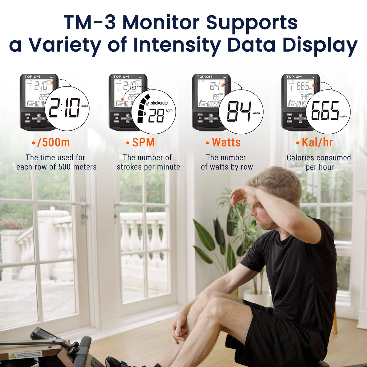 Topiom Water Rowing Machine with TM-3 Performance Monitor Bluetooth Connected 400 lbs Max Load