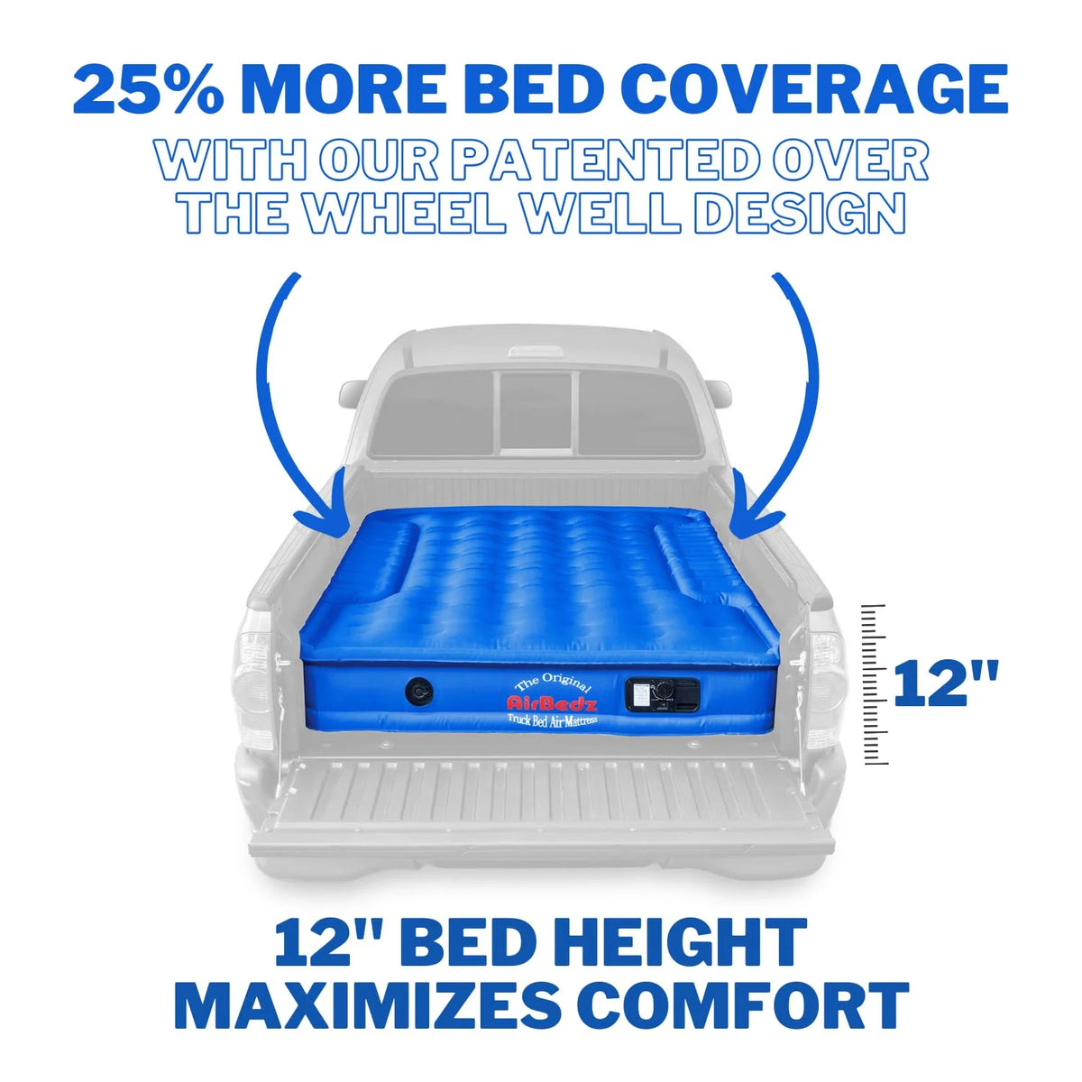 Airbedz by Pittman Outdoors - Truck Bed Air Mattress Full Size 8.0' Ft Bed With Built-In Rechargeable Battery Air Pump Blue