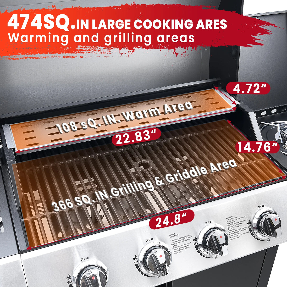 BBQ Grill, Seizeen Gas Grill with Side Burner, 40,000BTU 3-Burner Propane Grill w/Storage Cabinet, Steel Brush, Stainless Steel Camping for Backyard Patio, Portable Design on Wheels