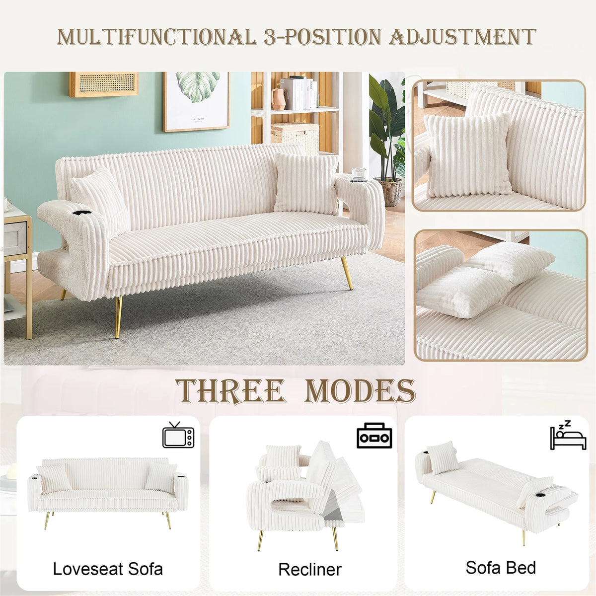 Aukfa Corduroy Futon Convertible Sofa Bed, Beige
