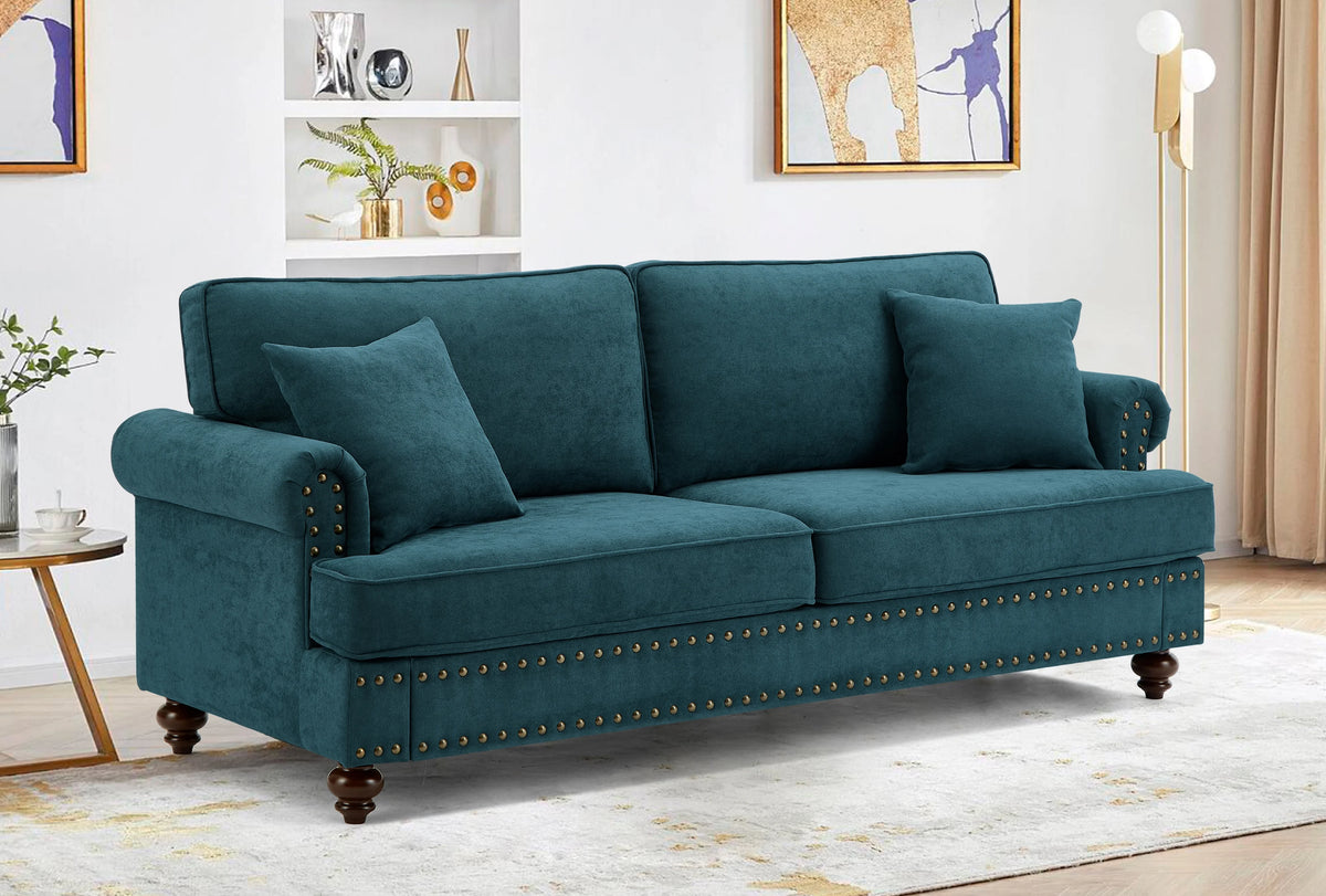 Modern Chenille Upholstered Sofa Couch with Nailhead Trim Rolled Arms Pillows
