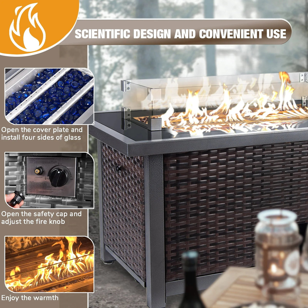 Polar Aurora Propane Fire Pit Table, 50,000 BTU Auto-Ignition Fire Pit with Wind Guard