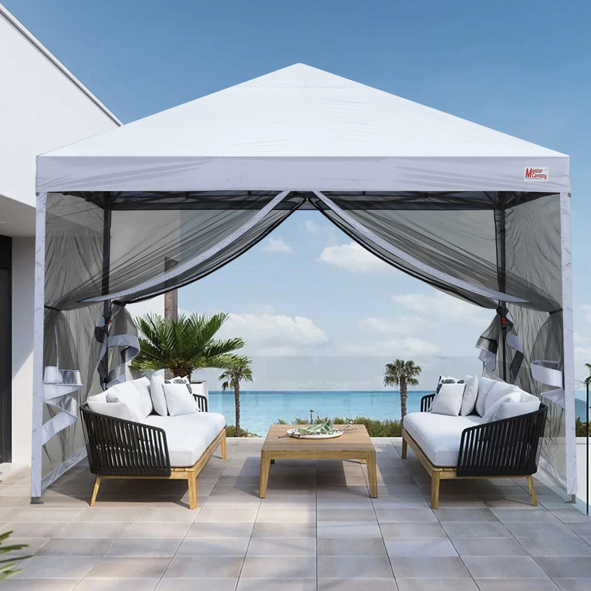 MASTERCANOPY 8' x 8' Pop-up Canopy Tent Outdoor Screen House Shelter with Mesh Walls, White