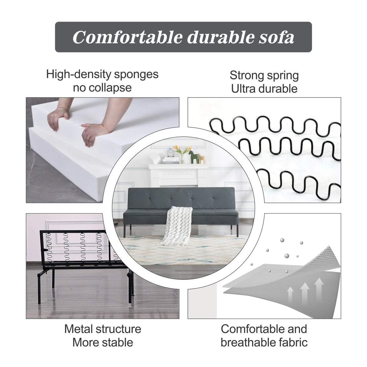 BSHTI 63Futon Sofa Bed,Upholstered with Polyester Fabric Convertible Sofa Couch for Living Room,Office(Black)