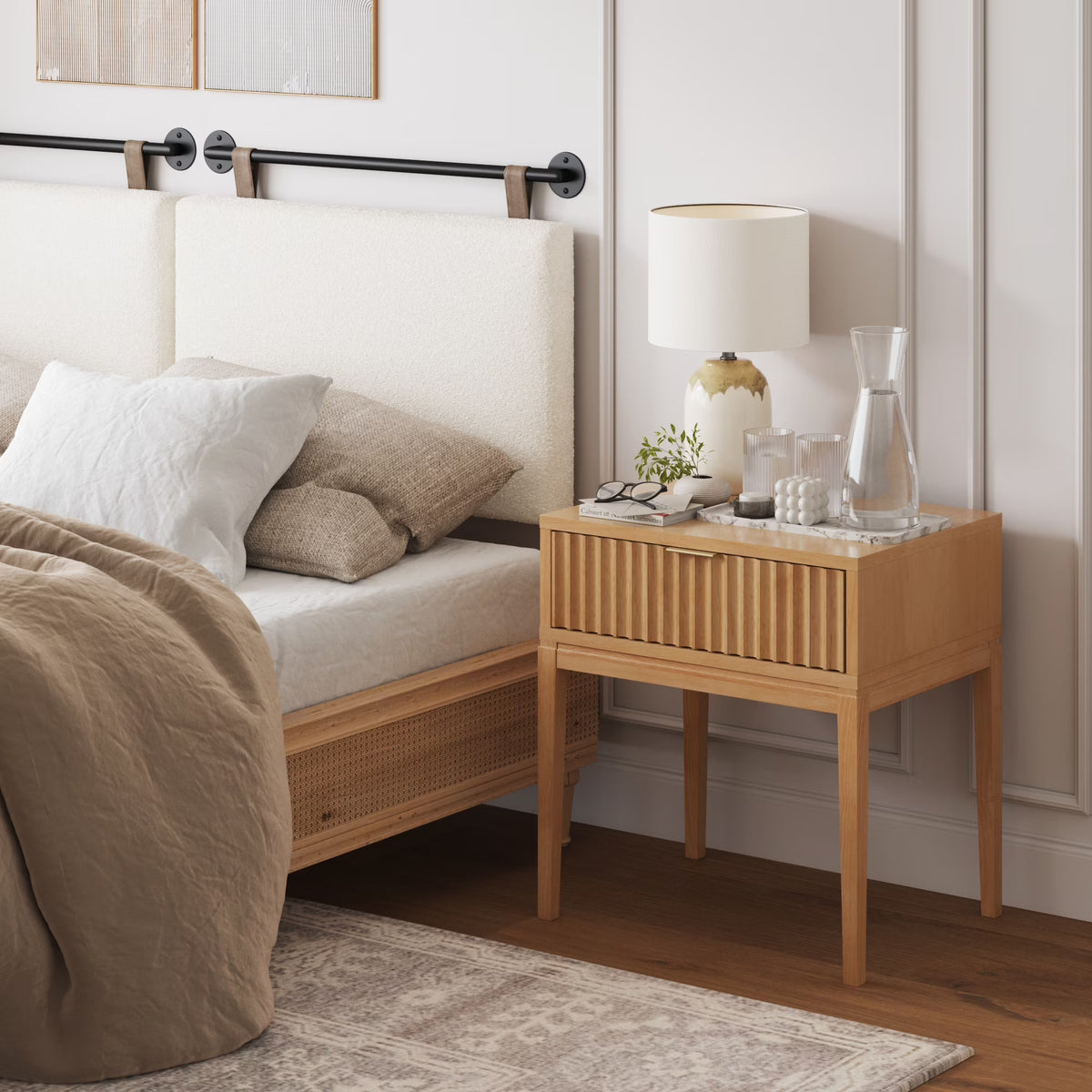 Nathan James Jasper 1-Drawer Boho Side Table, Solid Wood Bedroom Nightstand or Bedside Table with Drawer, Fluted Doors and Brass Handles, Black