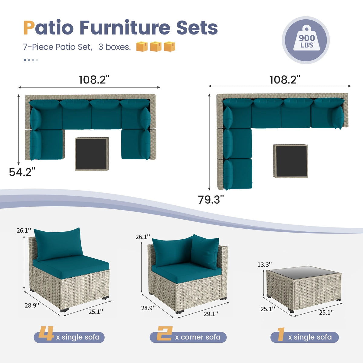 UDPATIO 7 Pieces Outdoor Patio Furniture Set, Outdoor Wicker Patio Conversation Set with Cushions for Backyard, Porch, Garden(Haze Blue)