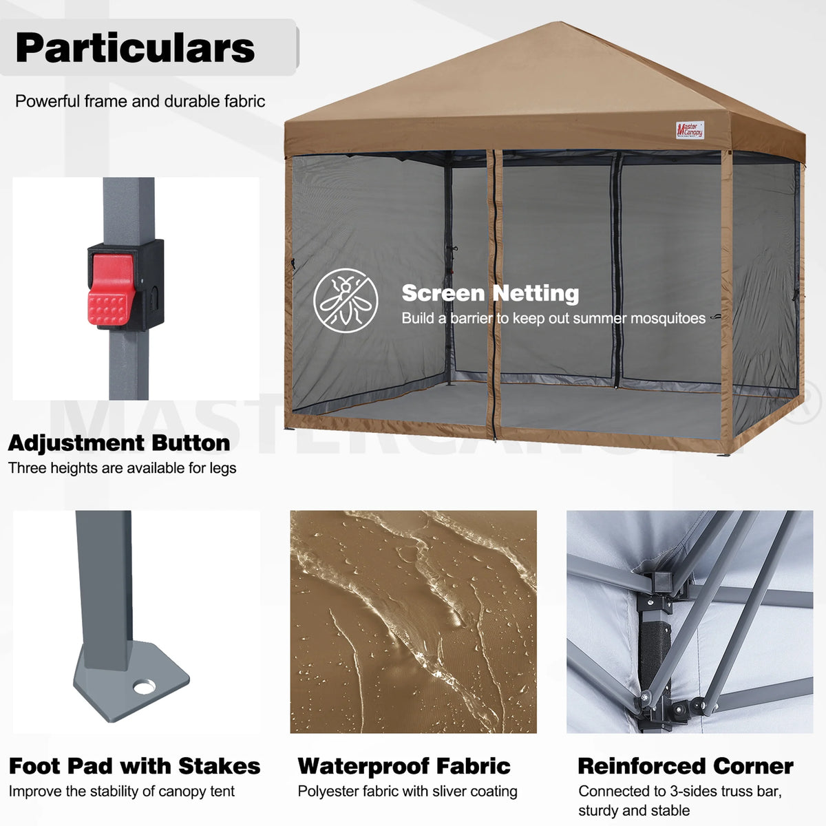 MASTERCANOPY 8' x 8' Pop-up Canopy Tent Outdoor Screen House Shelter with Mesh Walls, White