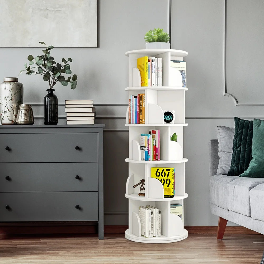 Bimiti 5 Tier Rotating Bookshelf, 360? Revolving Bookcase 20 Shelves Floor-Standing Storage Display Rack - White 63"x18"x18", Adult