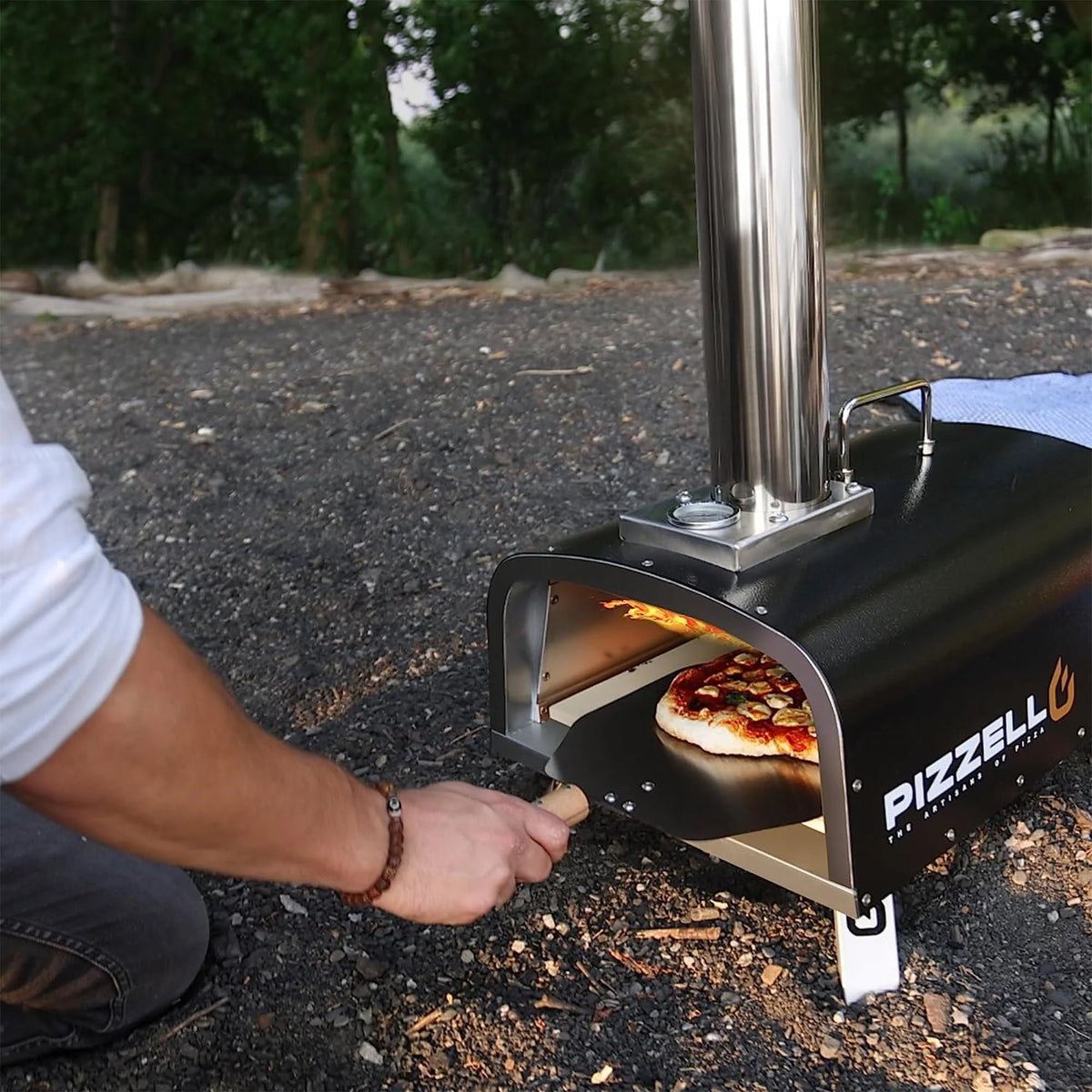 PIZZELLO Pellet Pizza Oven 12" Outdoor Wood Fired Pizza Ovens with Pizza Stone, Pizza Peel, Fold-up Legs, Cover, Thermometer, Chimney - Black