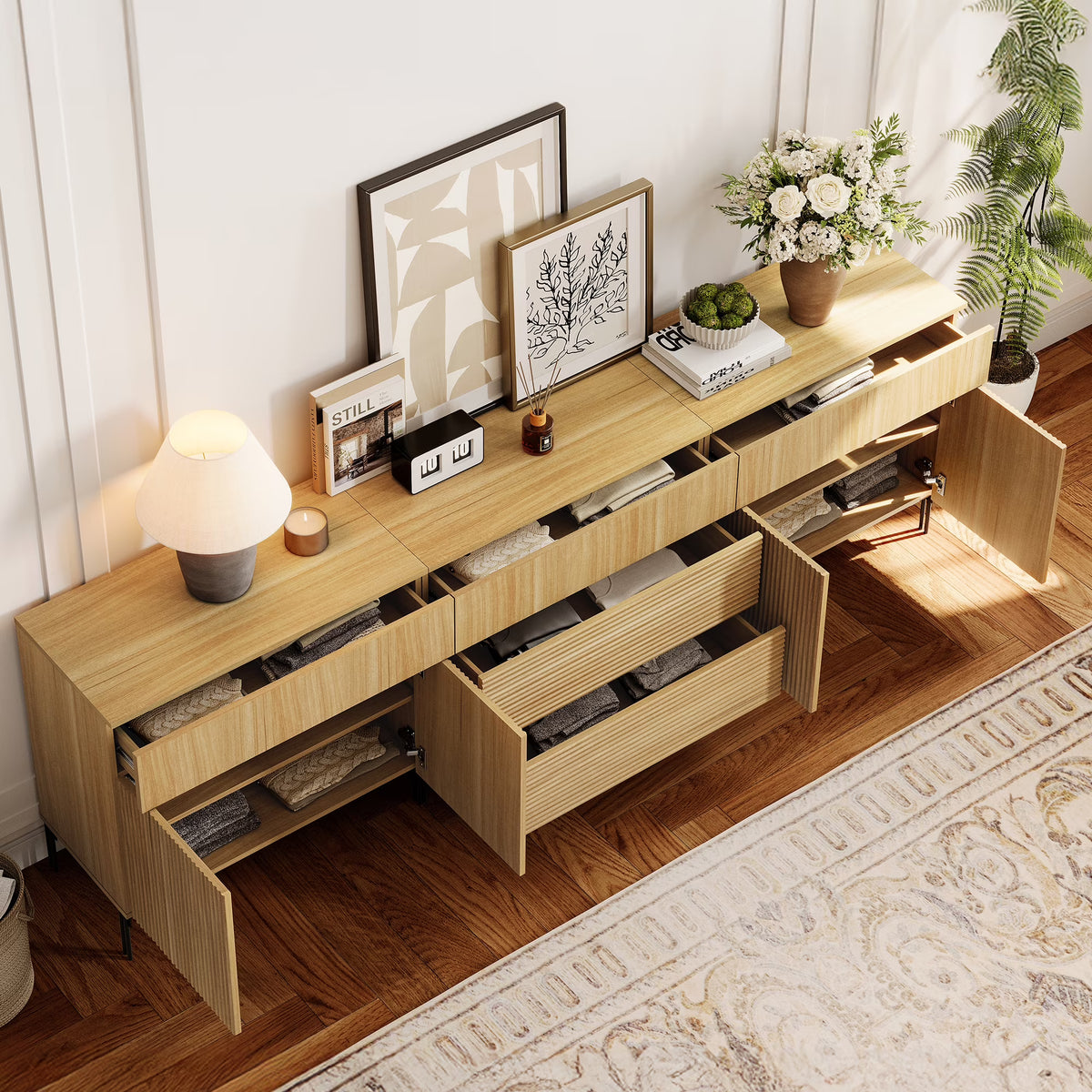 94.5 Reeded Accent Cabinet Set with Doors and Drawers, Modern Credenza Storage Cabinet with Metal Legs for Living Room, Kitchen, Dining Room, Hallway