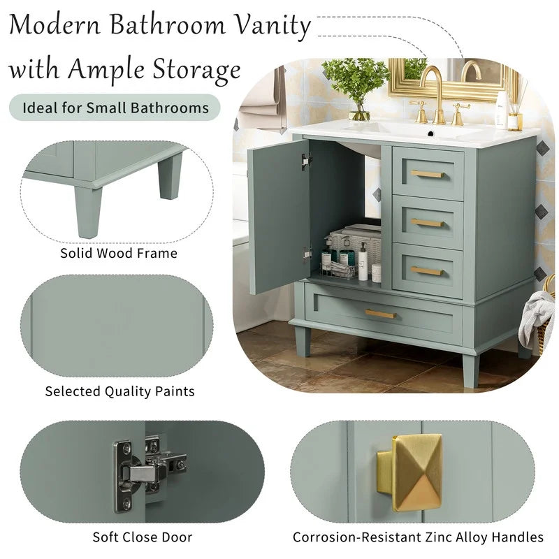 Bellemave 30" Bathroom Vanity with Sink, Cabinet with Sink Combo Set with Top, Bathroom Storage Cabinet with 3 Drawers and 1 Soft Closing Door, 30 Inch Vanity with Sink for Bathroom（White）