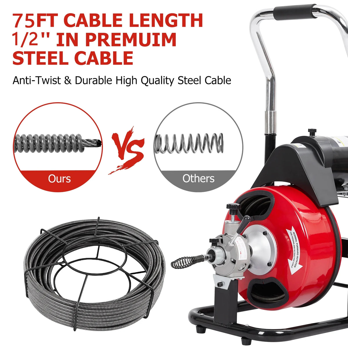 Roromall Drain Cleaner Machine 50FT/75FT/100FT x 3/8-inch/1/2-inch Sewer Auger Electric Drain Auger Sewer Snake with 4 Cutter, Air-Activated Foot Switch, Gloves