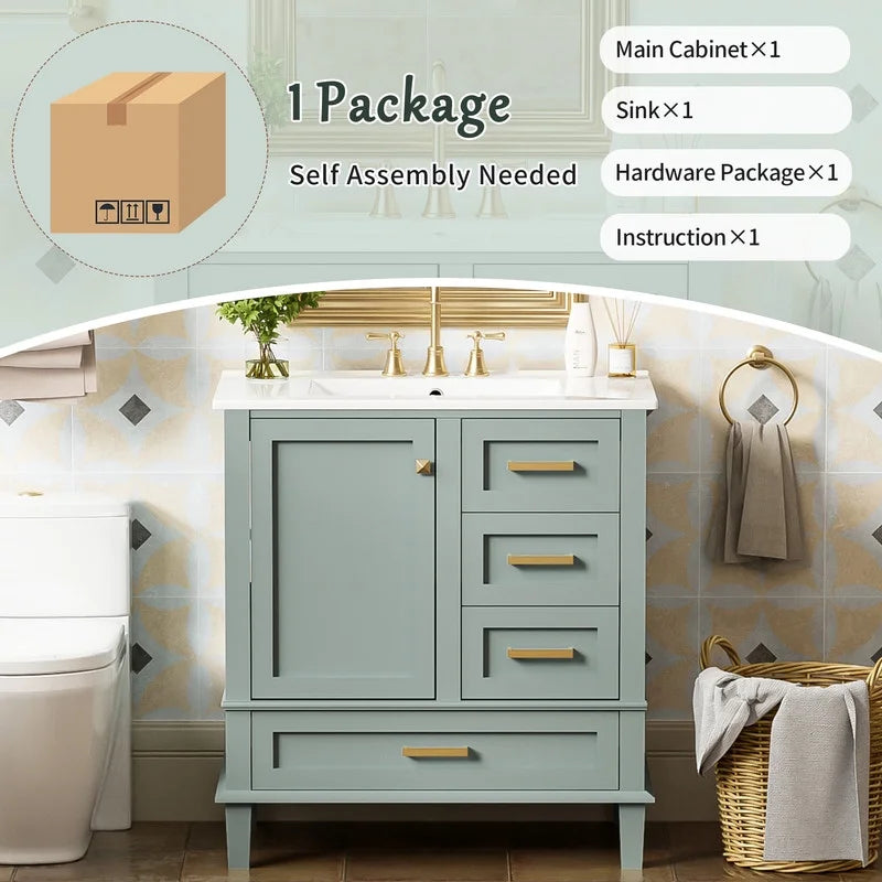 Bellemave 30" Bathroom Vanity with Sink, Cabinet with Sink Combo Set with Top, Bathroom Storage Cabinet with 3 Drawers and 1 Soft Closing Door, 30 Inch Vanity with Sink for Bathroom（White）