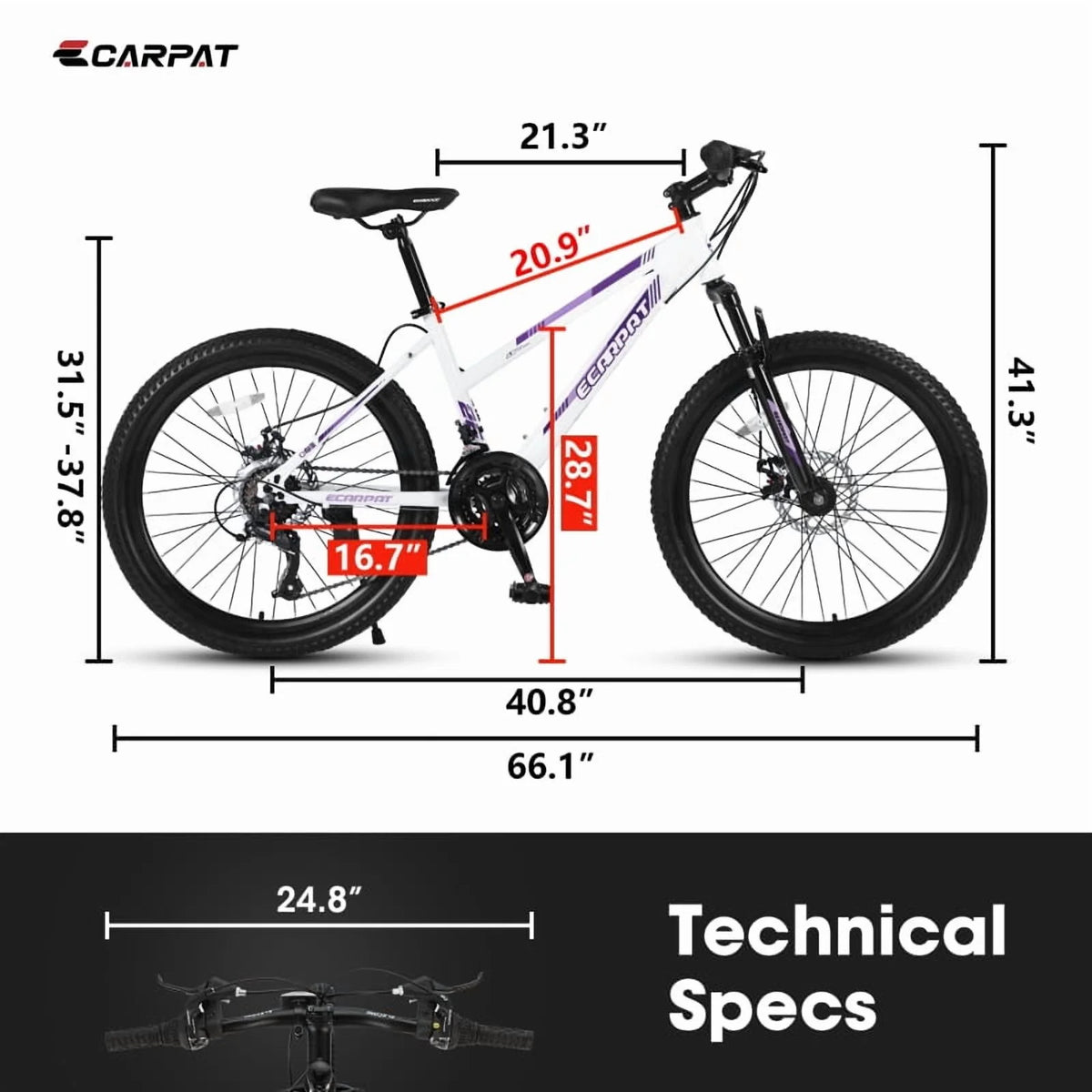 26" Mountain Bike for Females - Shimano 21 Speeds Dual Disc Brakes & 100mm Front Suspension