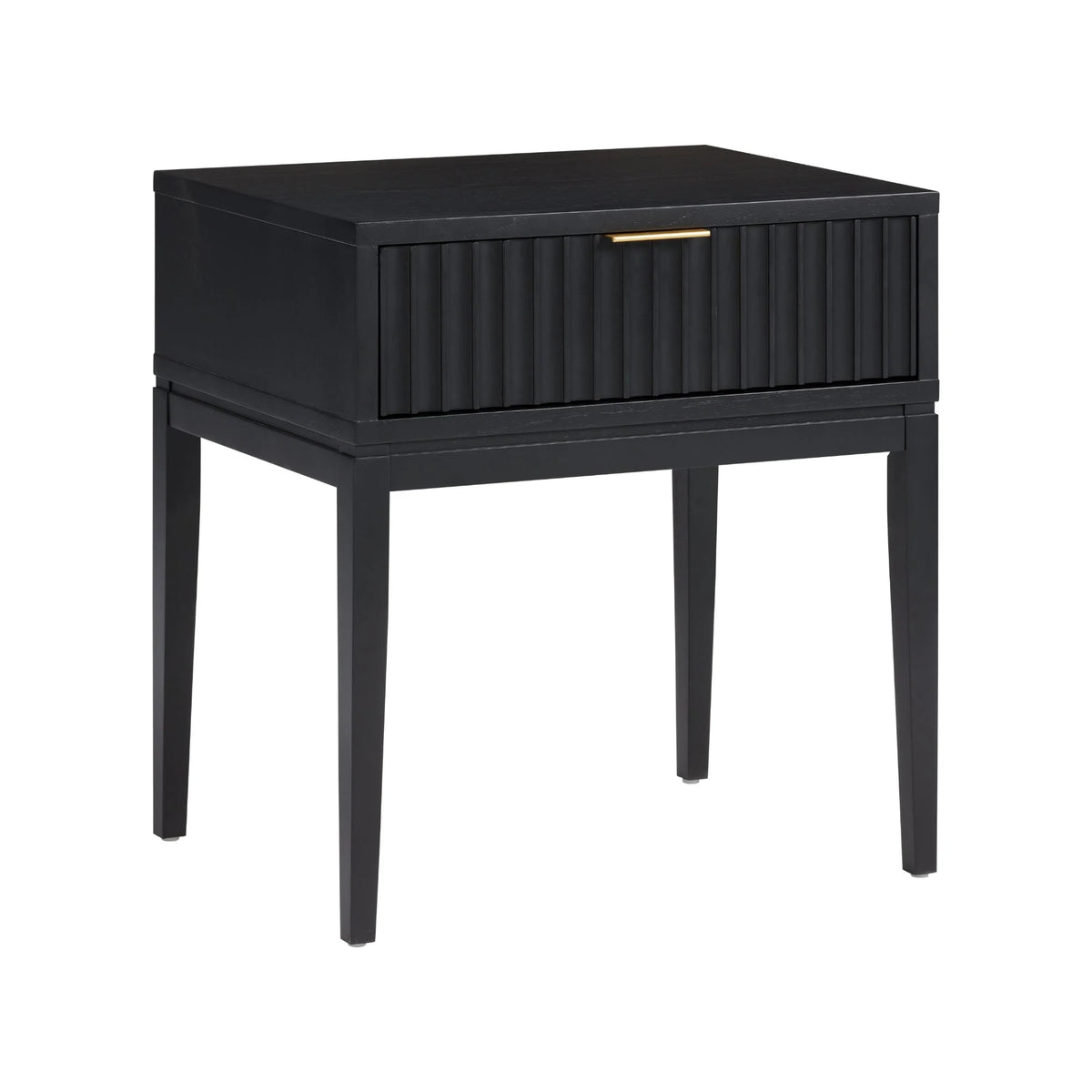 Nathan James Jasper 1-Drawer Boho Side Table, Solid Wood Bedroom Nightstand or Bedside Table with Drawer, Fluted Doors and Brass Handles, Black