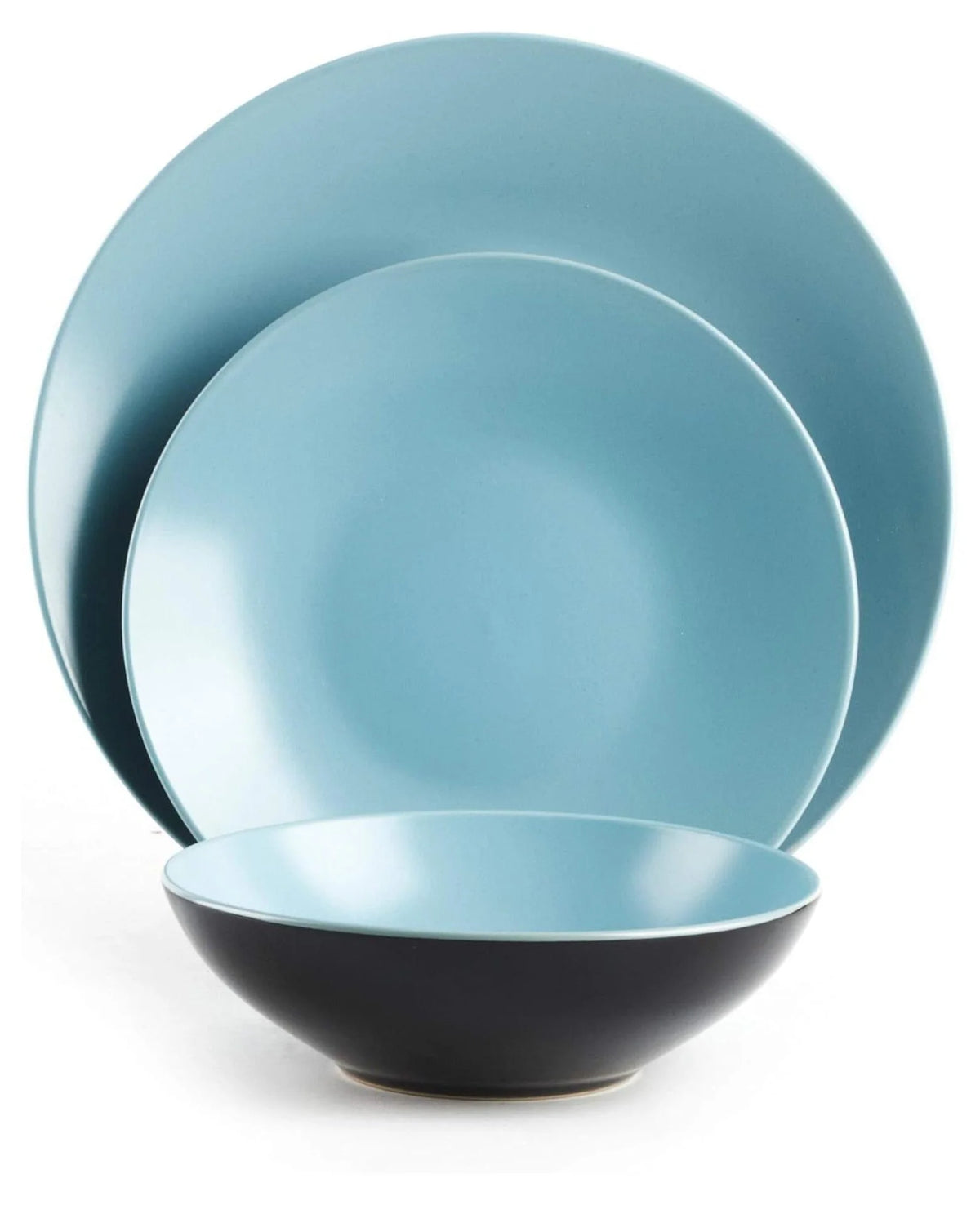 Turquoise Dinnerware Set 18pc - Color Life Stoneware Coupe Dinner Plates & Bowls - Dishwasher & Microwave Safe, Modern Matte & Shiny Black Finish