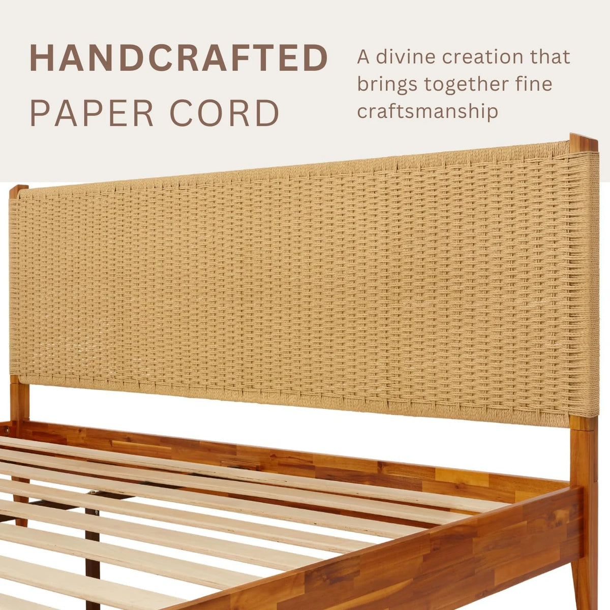 Selina Wood Platform Bed Frame - Handcrafted Paper Cord Unique Headboard - No Box Spring Needed - 12 Strong Wood Slats Support - Easy Assembly - King, Caramel