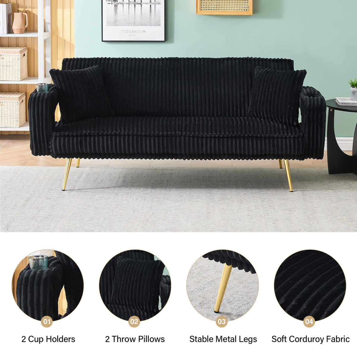 Aukfa Corduroy Futon Convertible Sofa Bed, Beige