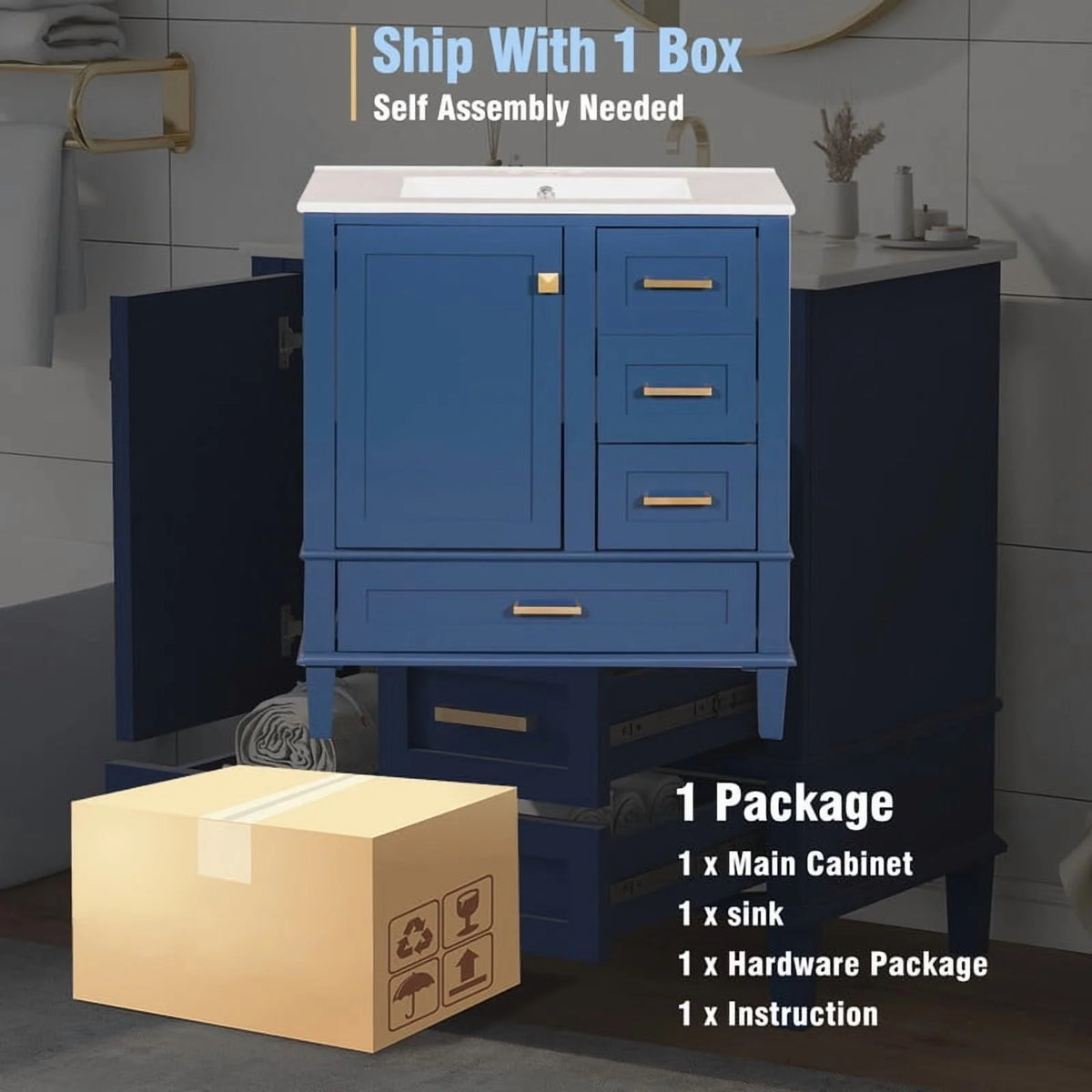 Bellemave 30" Bathroom Vanity with Sink, Cabinet with Sink Combo Set with Top, Bathroom Storage Cabinet with 3 Drawers and 1 Soft Closing Door, 30 Inch Vanity with Sink for Bathroom（White）