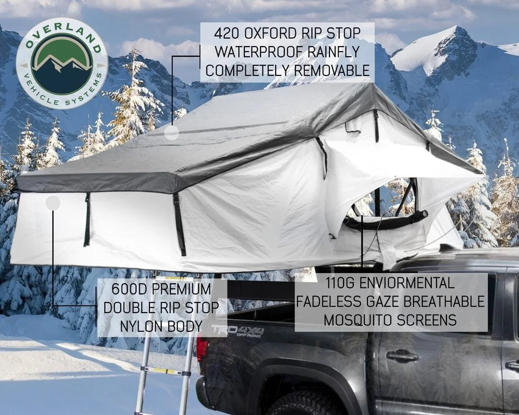 Overland 18031926 3 Person Roof Top Tent w Annex White/Dark Gray Rain Fly Black