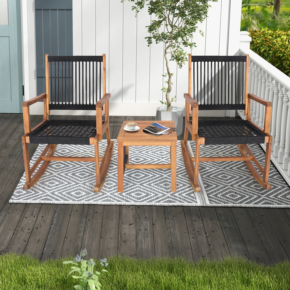Costway 3pcs Patio Acacia Wood Bistro Table Rocking Chair Set All-Weather Rope Outdoor