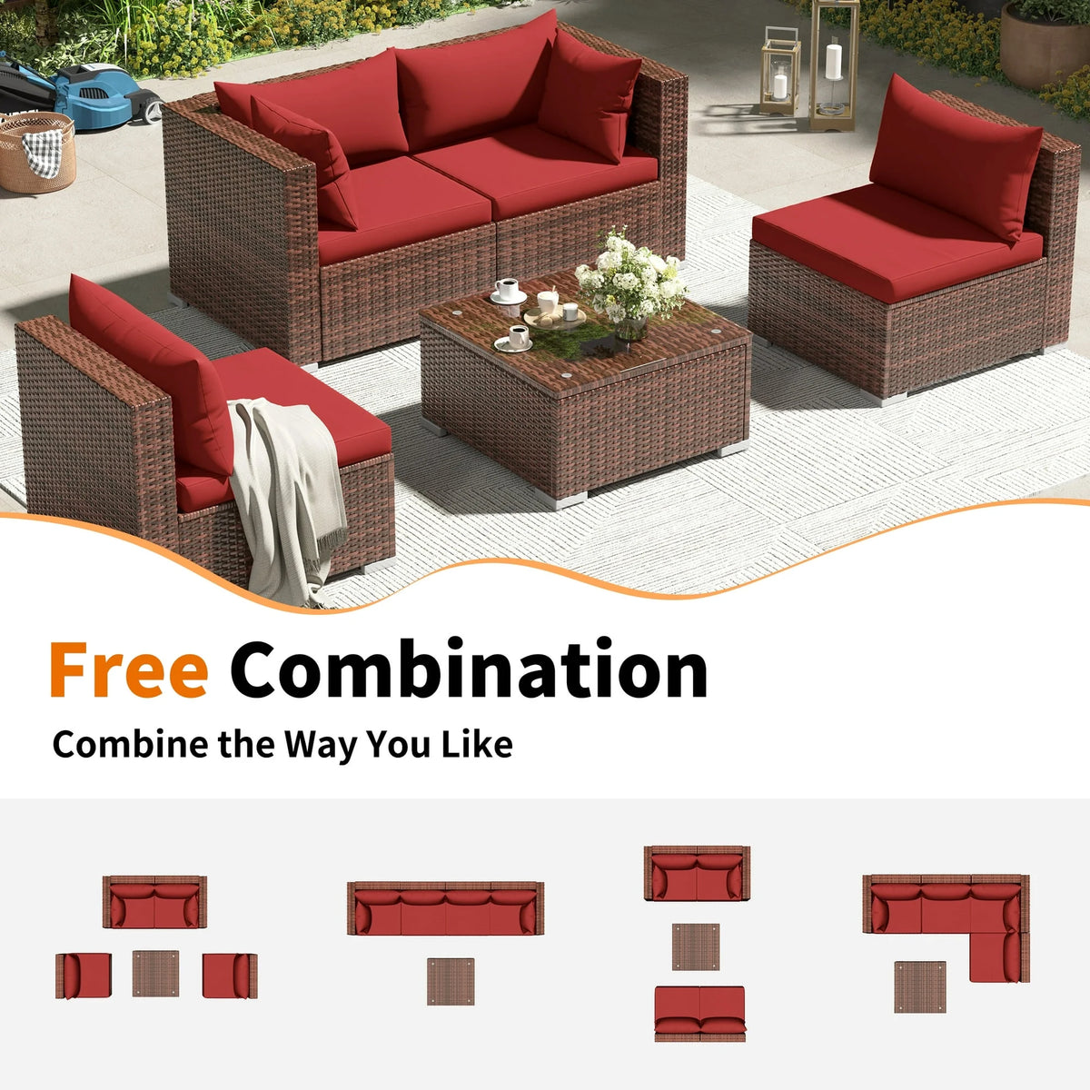 Techmilly Patio Furniture Sets, Modular Rattan Outdoor Patio Sectional Furniture Sofa Set, Wicker Patio Conversation Set for Backyard,7PCS