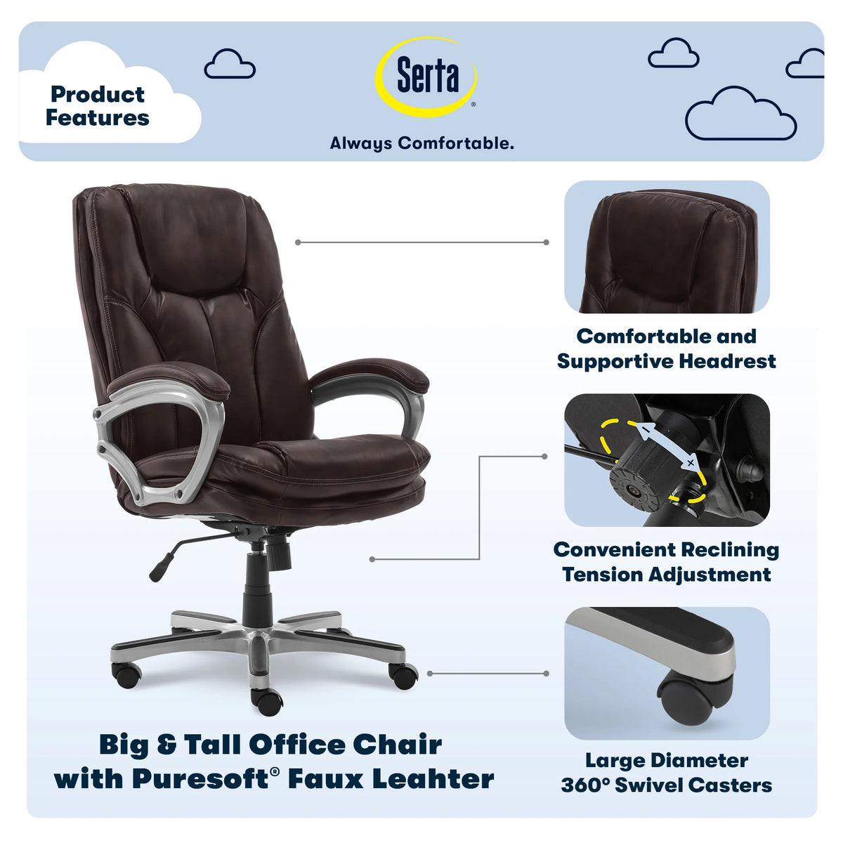 Serta Puresoft Faux Leather Executive Big & Tall Office Chair - Roasted Chestnut