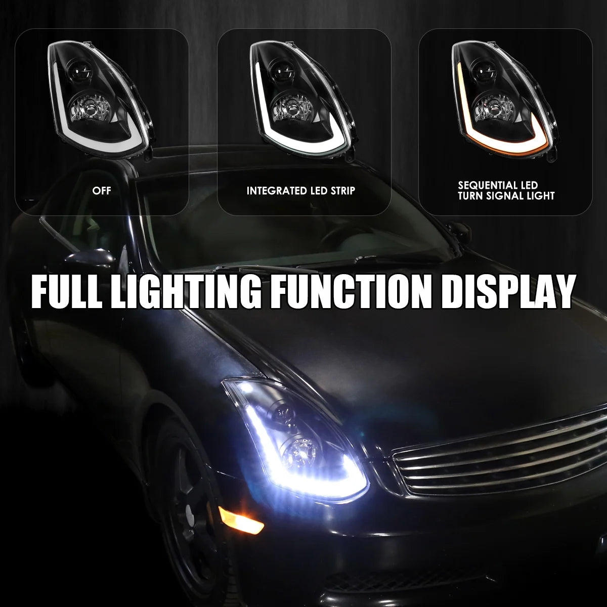 Spec-D Tuning Smoke Projector Headlights w/ Sequential LED Strip Compatible with 2003-2007 Infiniti G35 Coupe, Left + Right Pair Headlamps Assembly