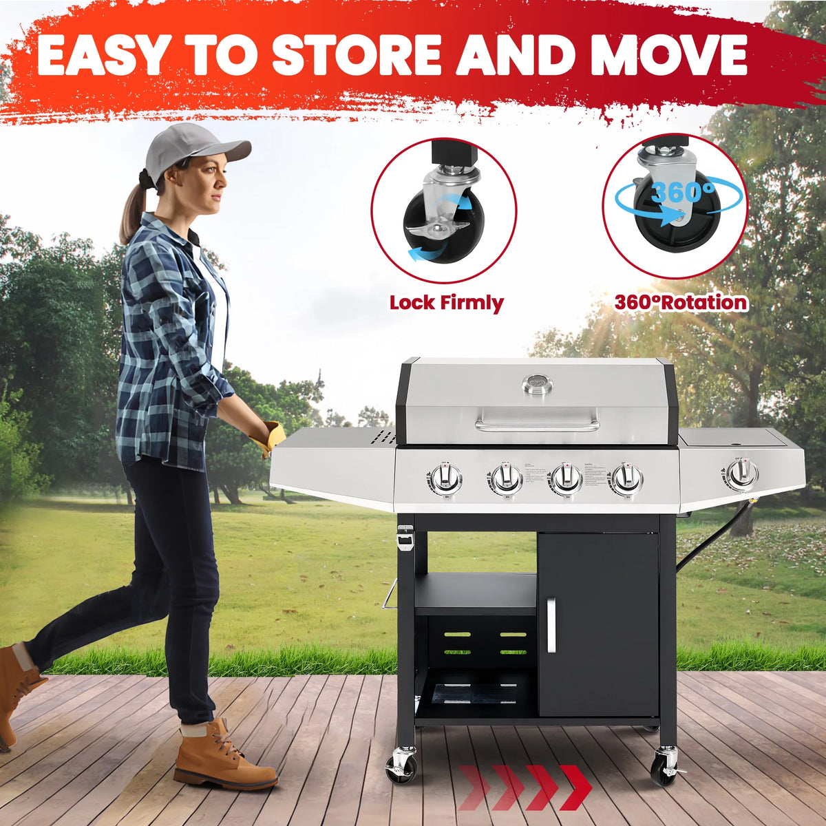 BBQ Grill, Seizeen Gas Grill with Side Burner, 40,000BTU 3-Burner Propane Grill w/Storage Cabinet, Steel Brush, Stainless Steel Camping for Backyard Patio, Portable Design on Wheels