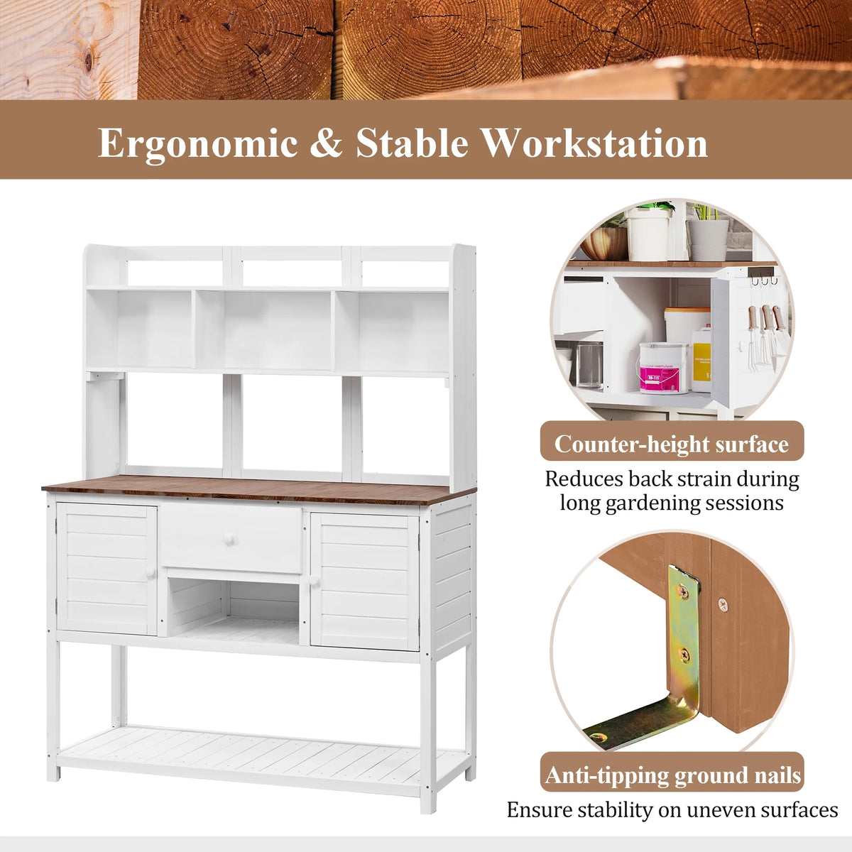[Assembly Video Available] Topmax Solid Fir Wood Potting Bench Garden Workstation with Hutch, Drawer & Adjustable Shelves, 50.2x19.7x66.1 Inch Outdoor Garden Work Table for Backyard Planting,White