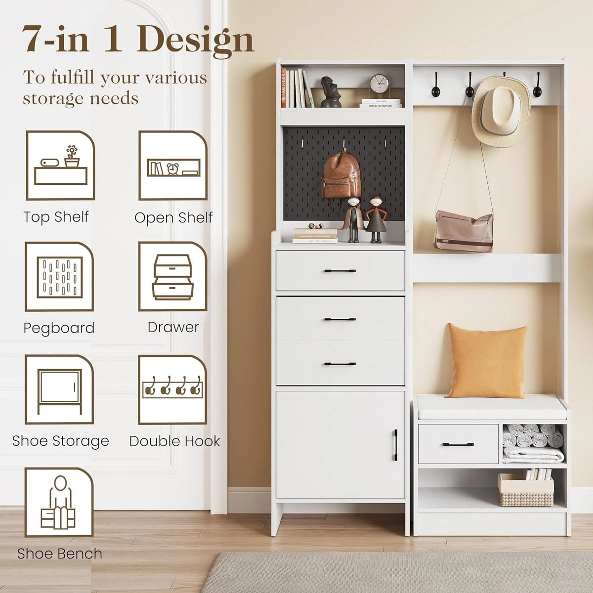 Royalcraft 5-in-1 Shoe Cabinet with Flip Drawer, Entryway Shoe Storage with Pegboard, Adjustable Shelf, Wood Entryway Cabinet, Brown