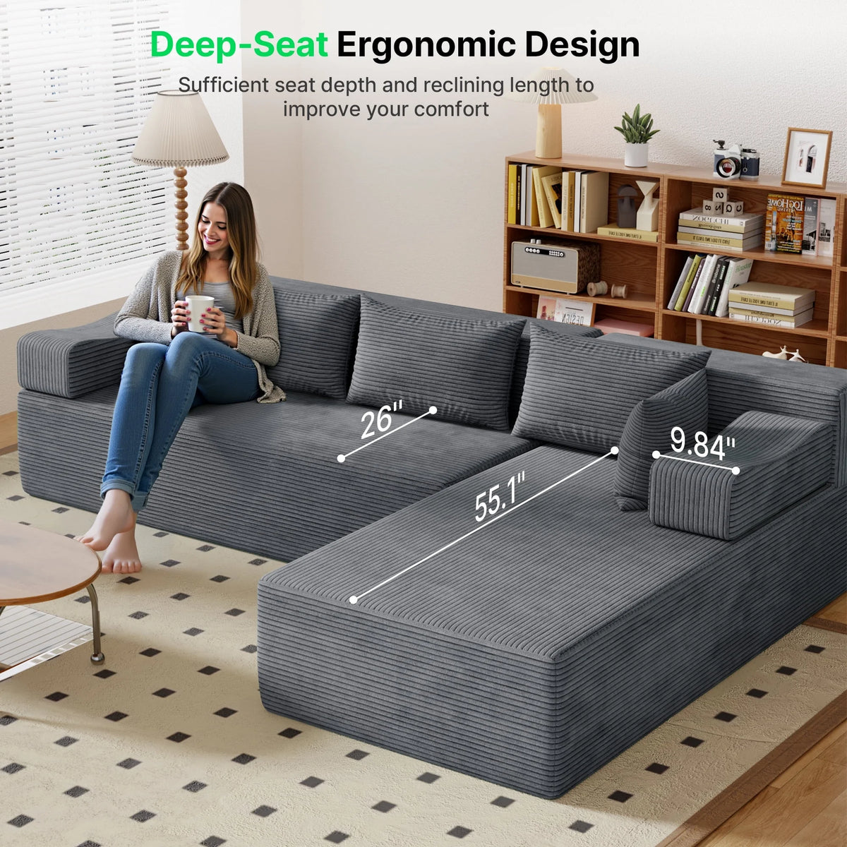 Behost 105" Modular Sectional Sofa for Living Room, Boneless L Shaped Cloud Couch with Chaise, Gray