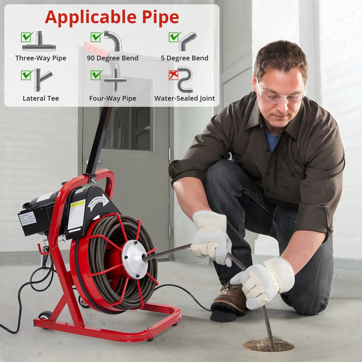 Roromall Drain Cleaner Machine 50FT/75FT/100FT x 3/8-inch/1/2-inch Sewer Auger Electric Drain Auger Sewer Snake with 4 Cutter, Air-Activated Foot Switch, Gloves