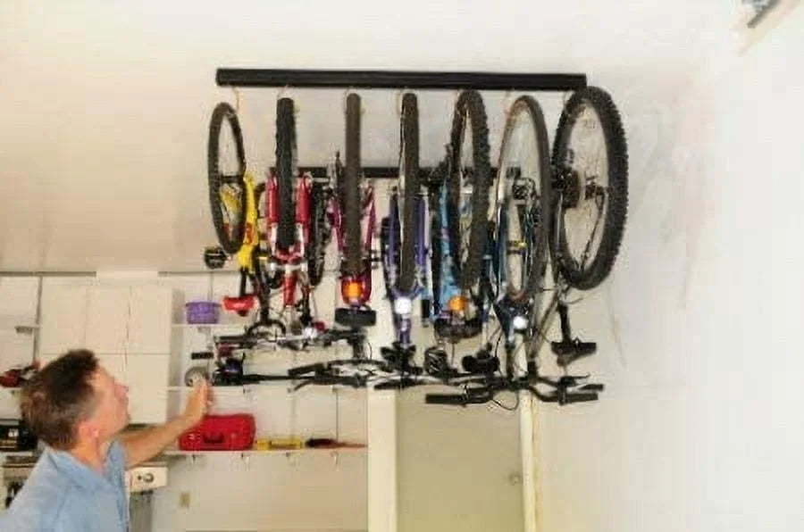 50" Adjustable Overhead Garage Ceiling Storage Track/Bike Rack With Hooks that Slide and Rotate, 50 Lbs. per Hook.