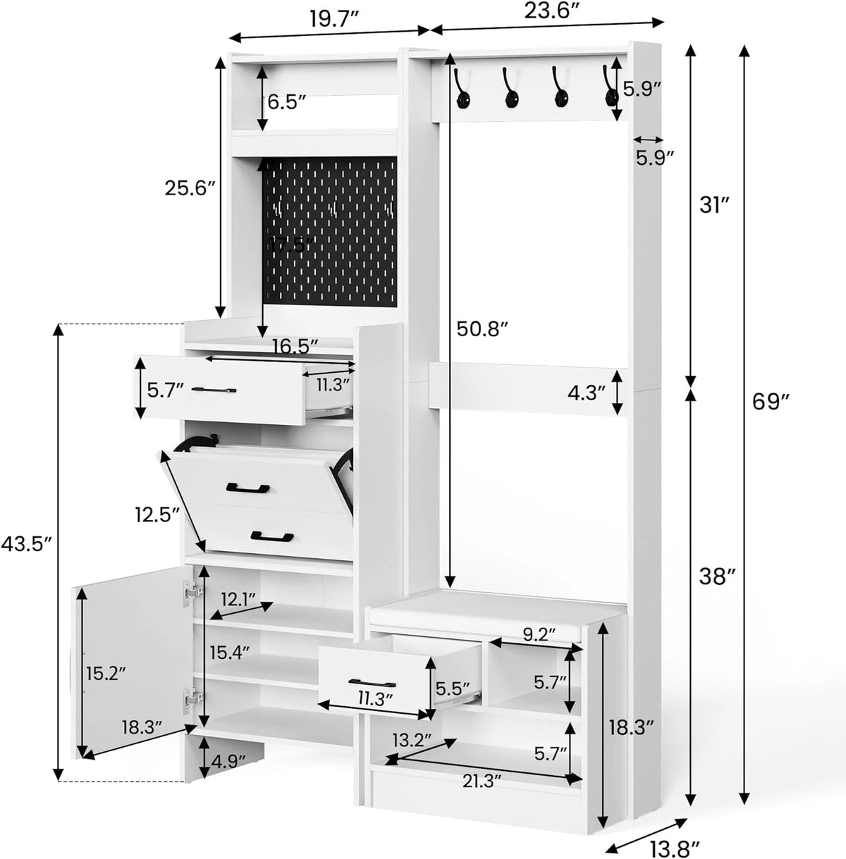 Royalcraft 5-in-1 Shoe Cabinet with Flip Drawer, Entryway Shoe Storage with Pegboard, Adjustable Shelf, Wood Entryway Cabinet, Brown