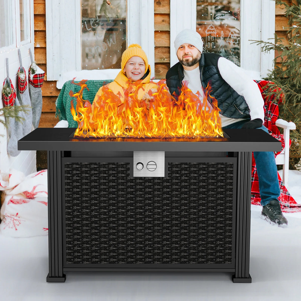 AMONSEE Propane Fire Pit for Outside, 28" GAS Firepit Table with Lid and Lava Rock for Patio Garden Party