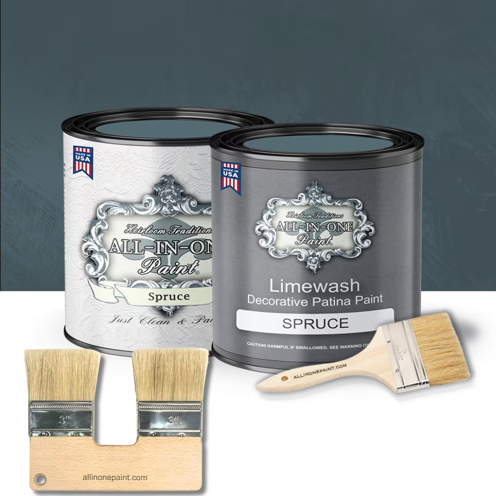 ALL-IN-ONE Limewash Paint, 2 Quart Paint Bundle and Tool Kit - Faux Lime Wash Effect, Matte Suede Wall Treatment - Haven (heathered, muted blue)
